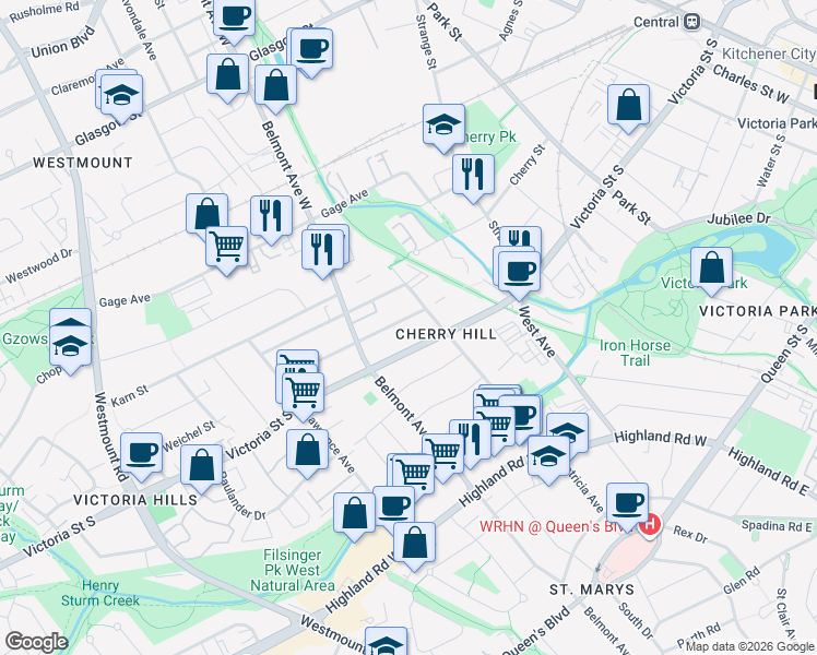 map of restaurants, bars, coffee shops, grocery stores, and more near 36 Talbot Street in Kitchener