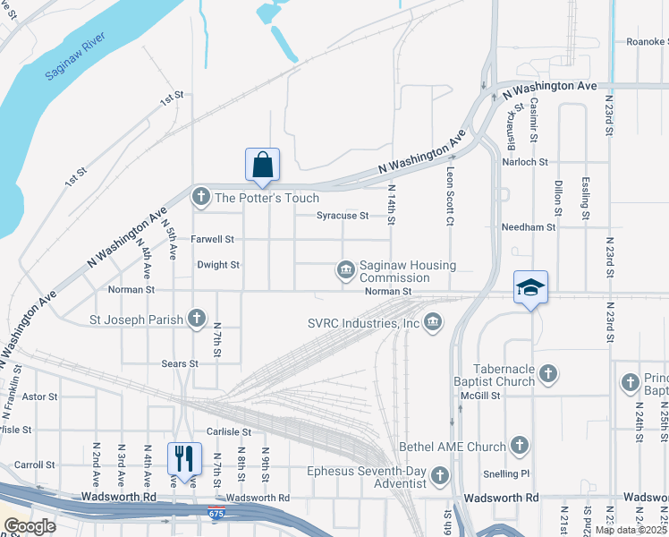 map of restaurants, bars, coffee shops, grocery stores, and more near 1718 Sanford Street in Saginaw