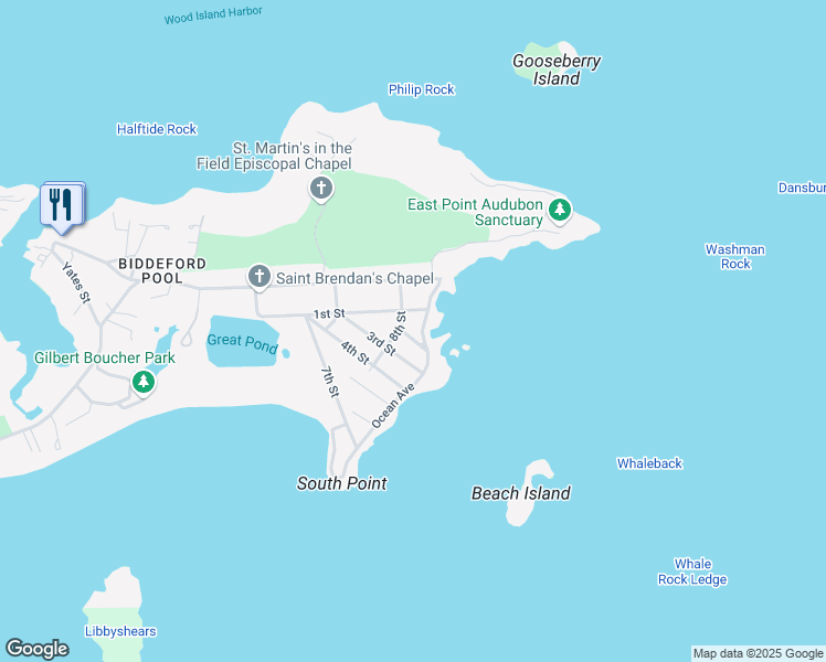 map of restaurants, bars, coffee shops, grocery stores, and more near 10 Ocean Avenue in Biddeford