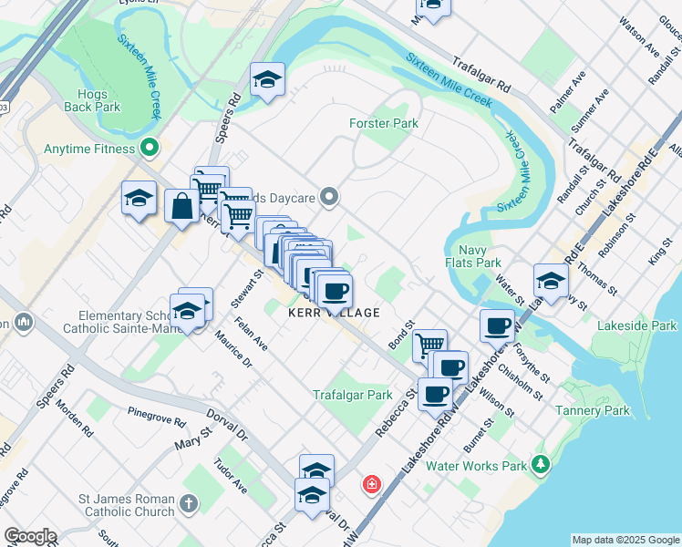 map of restaurants, bars, coffee shops, grocery stores, and more near 35 Normandy Place in Oakville