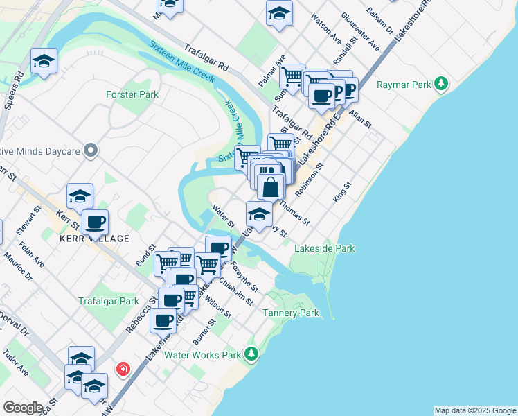 map of restaurants, bars, coffee shops, grocery stores, and more near in Oakville