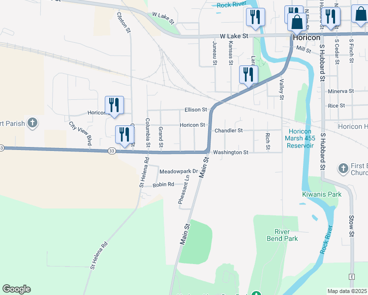 map of restaurants, bars, coffee shops, grocery stores, and more near 306 Washington Street in Horicon