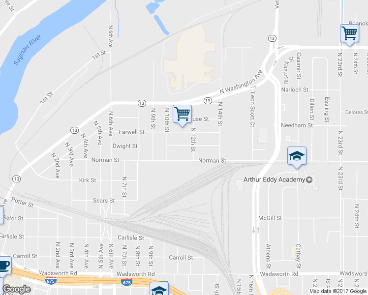 map of restaurants, bars, coffee shops, grocery stores, and more near 1710 Sanford Street in Saginaw