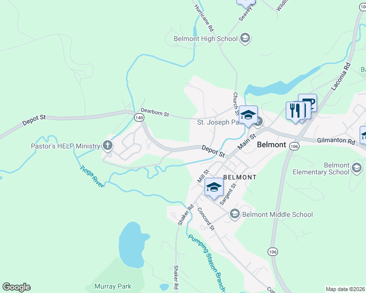 map of restaurants, bars, coffee shops, grocery stores, and more near 46 Depot Street in Belmont