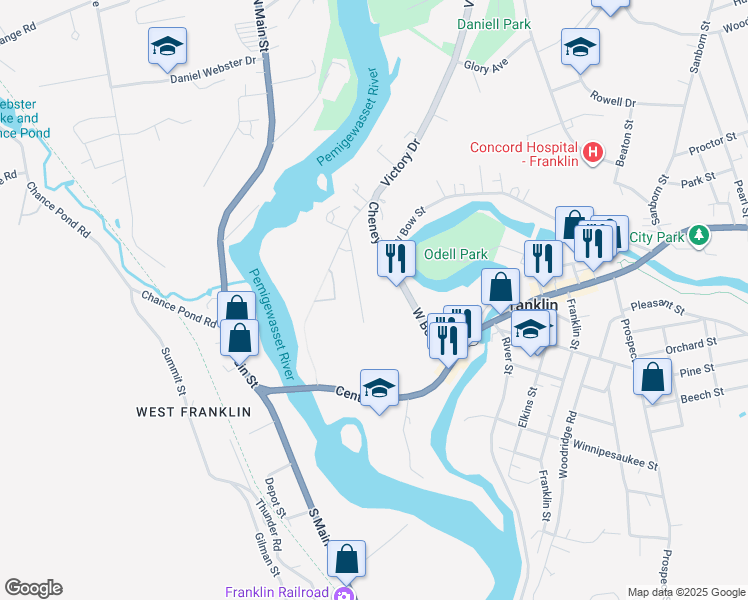map of restaurants, bars, coffee shops, grocery stores, and more near 70 Thompson Park in Franklin
