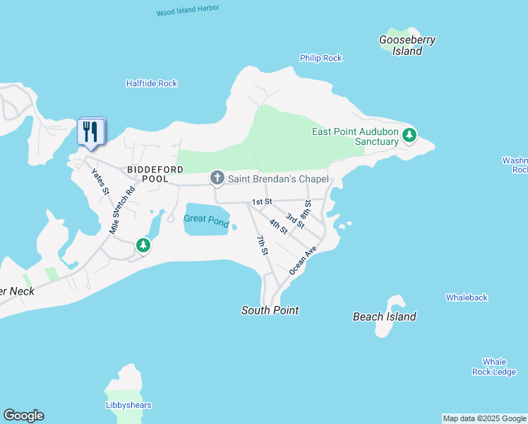 map of restaurants, bars, coffee shops, grocery stores, and more near 3 4th Street in Biddeford