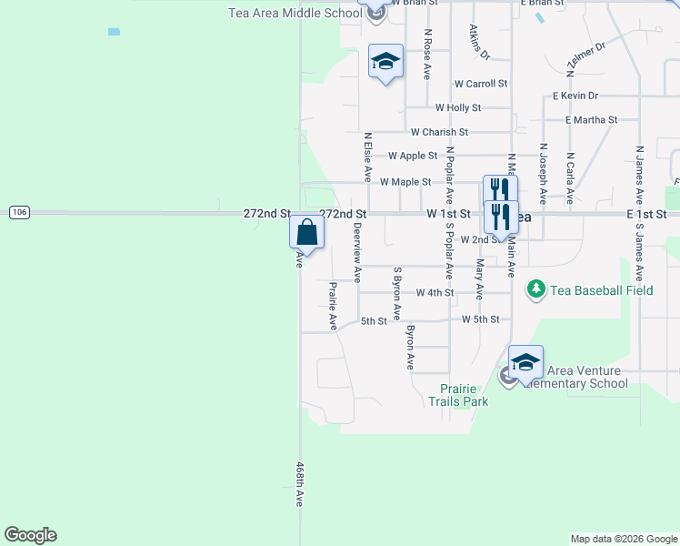 map of restaurants, bars, coffee shops, grocery stores, and more near 300 Prairie Circle in Tea