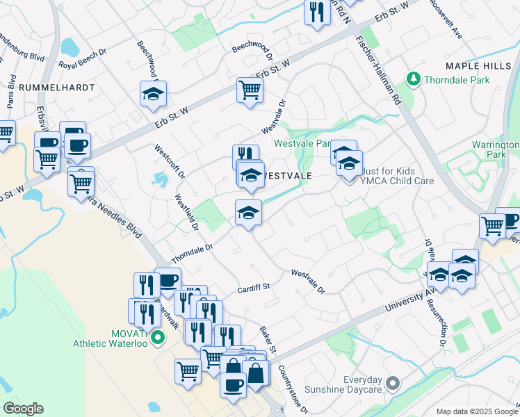 map of restaurants, bars, coffee shops, grocery stores, and more near 274 Westvale Drive in Waterloo
