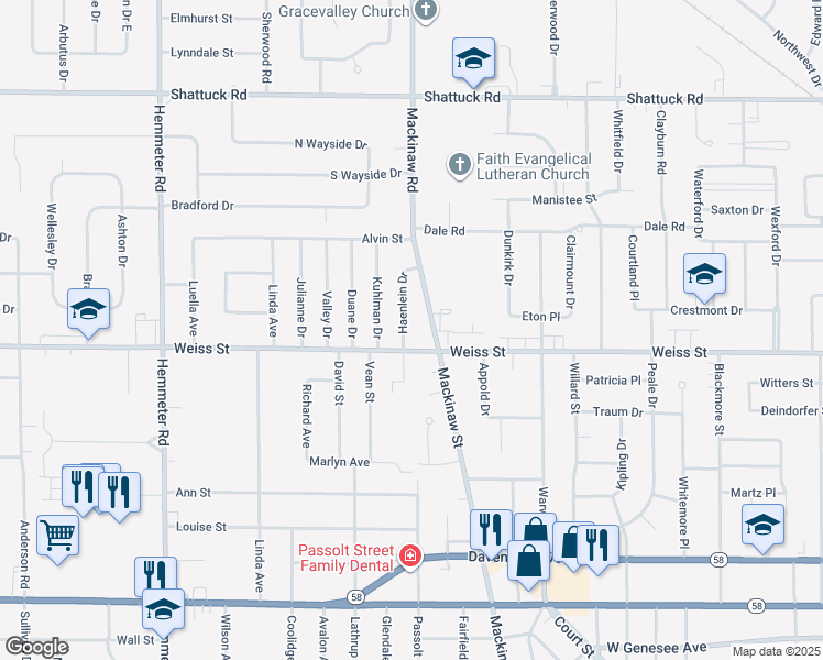 map of restaurants, bars, coffee shops, grocery stores, and more near 2540 Haenlein Drive in Saginaw