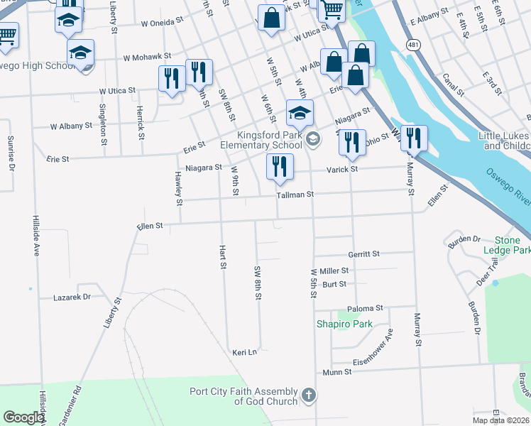 map of restaurants, bars, coffee shops, grocery stores, and more near 145 Ellen Street in Oswego
