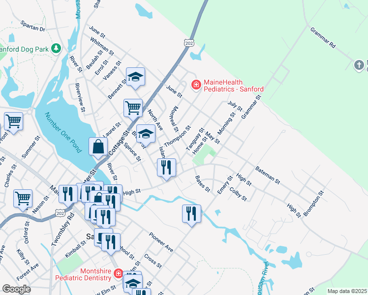 map of restaurants, bars, coffee shops, grocery stores, and more near 27B Sherburne Street in Sanford