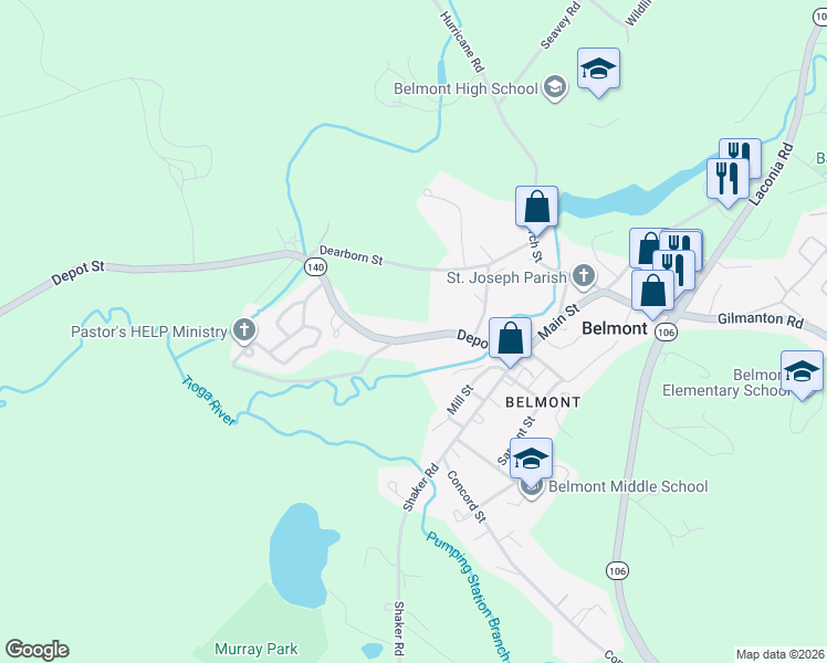 map of restaurants, bars, coffee shops, grocery stores, and more near 46 Depot Street in Belmont