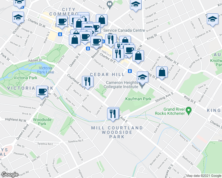 map of restaurants, bars, coffee shops, grocery stores, and more near 131 Saint George Street in Kitchener