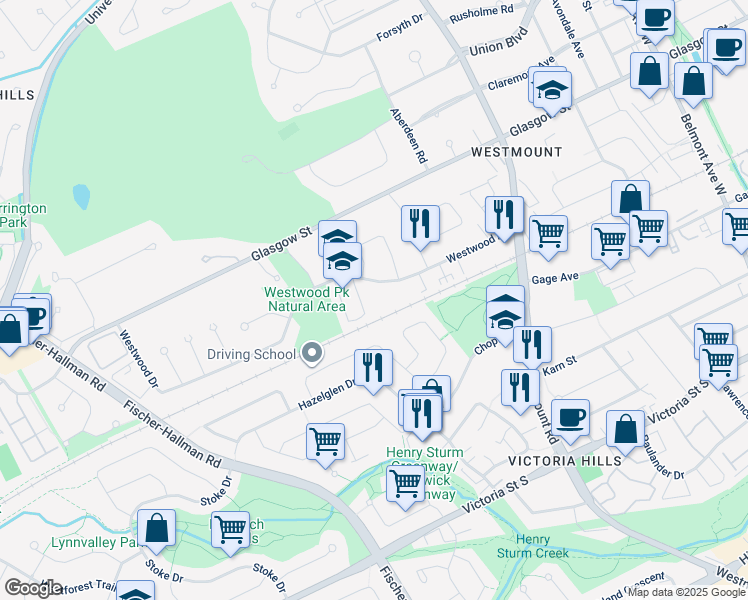 map of restaurants, bars, coffee shops, grocery stores, and more near 123 Westwood Drive in Kitchener