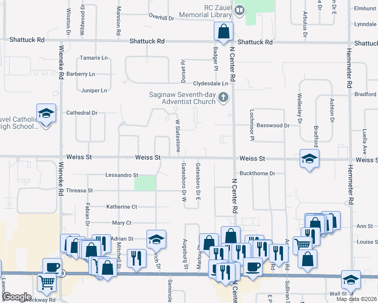 map of restaurants, bars, coffee shops, grocery stores, and more near 5190 Weiss Street in Saginaw