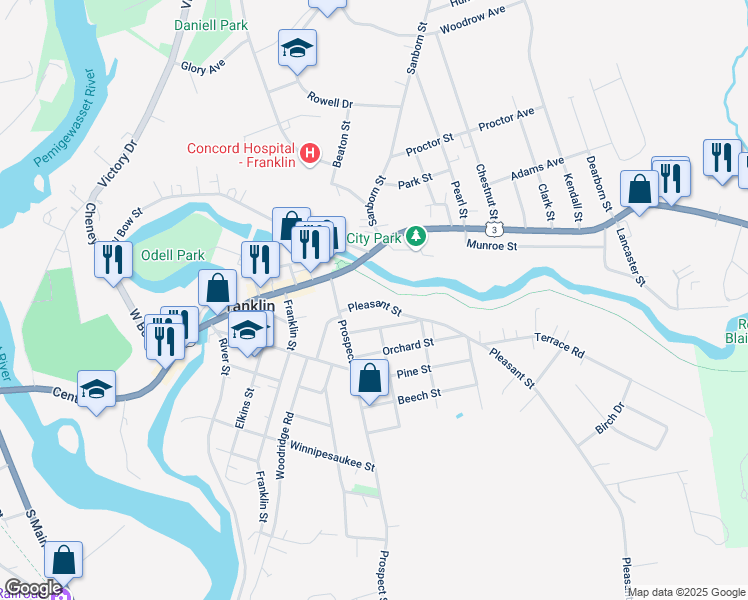 map of restaurants, bars, coffee shops, grocery stores, and more near 34 Pleasant Street in Franklin