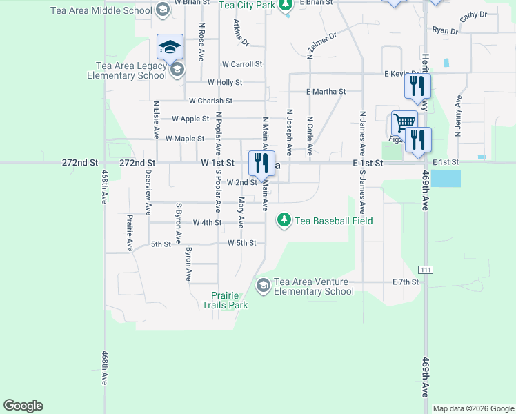 map of restaurants, bars, coffee shops, grocery stores, and more near 245 South Main Avenue in Tea