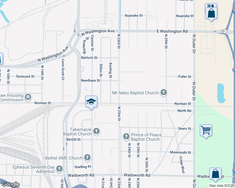 map of restaurants, bars, coffee shops, grocery stores, and more near 1131 North 23rd Street in Saginaw