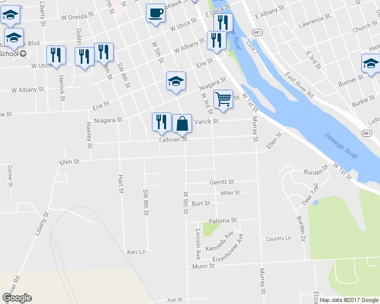 map of restaurants, bars, coffee shops, grocery stores, and more near 331 West 5th Street in Oswego