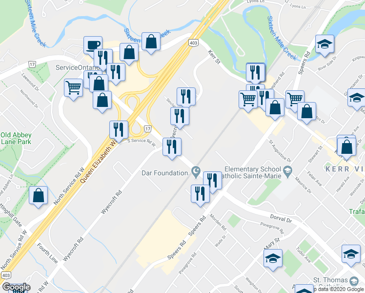 map of restaurants, bars, coffee shops, grocery stores, and more near 250 Wyecroft Road in Oakville