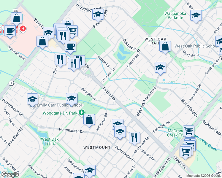 map of restaurants, bars, coffee shops, grocery stores, and more near 1526 Pinecliff Road in Oakville