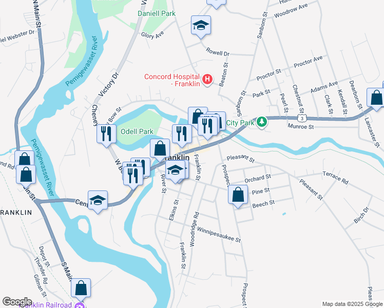 map of restaurants, bars, coffee shops, grocery stores, and more near 359 Central Street in Franklin