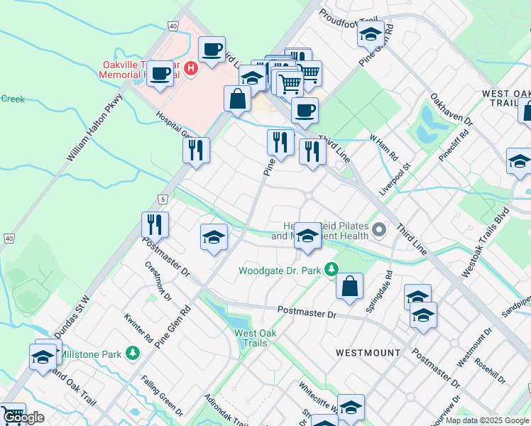 map of restaurants, bars, coffee shops, grocery stores, and more near 2467 Highmount Crescent in Oakville