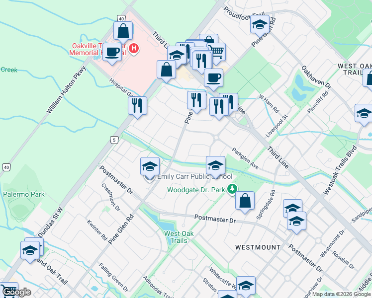 map of restaurants, bars, coffee shops, grocery stores, and more near 2467 Highmount Crescent in Oakville