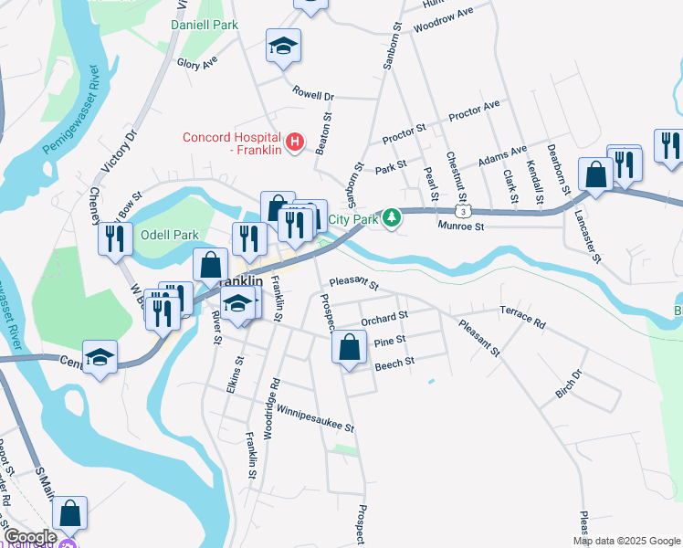 map of restaurants, bars, coffee shops, grocery stores, and more near 10 Pleasant Street in Franklin