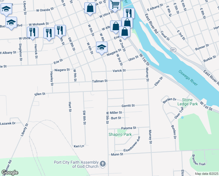 map of restaurants, bars, coffee shops, grocery stores, and more near 331 West 5th Street in Oswego