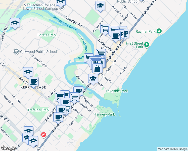 map of restaurants, bars, coffee shops, grocery stores, and more near 146 Lakeshore Road East in Oakville