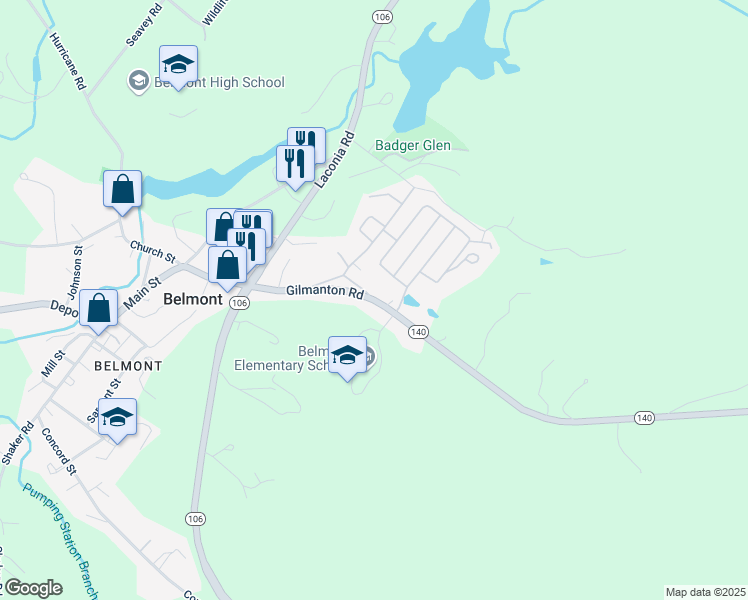 map of restaurants, bars, coffee shops, grocery stores, and more near 89 Gilmanton Road in Belmont