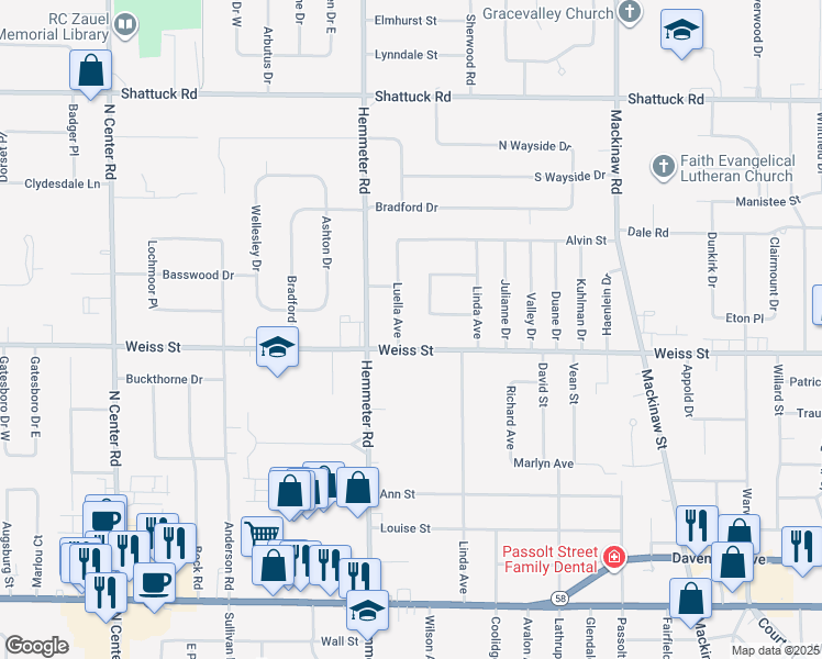 map of restaurants, bars, coffee shops, grocery stores, and more near 2551 Bruce Street in Saginaw