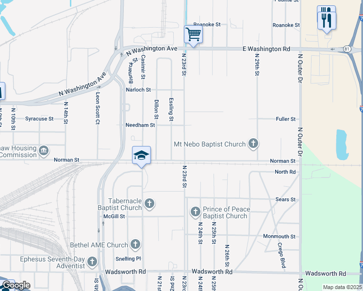 map of restaurants, bars, coffee shops, grocery stores, and more near 1131 North 23rd Street in Saginaw