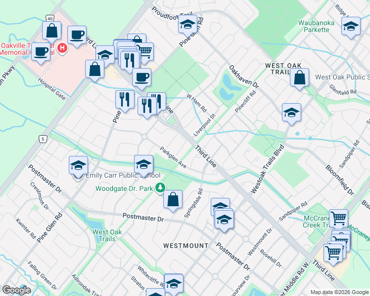 map of restaurants, bars, coffee shops, grocery stores, and more near 2281 Highcroft Road in Oakville