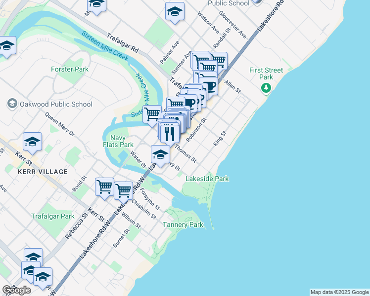 map of restaurants, bars, coffee shops, grocery stores, and more near 77 Thomas Street in Oakville