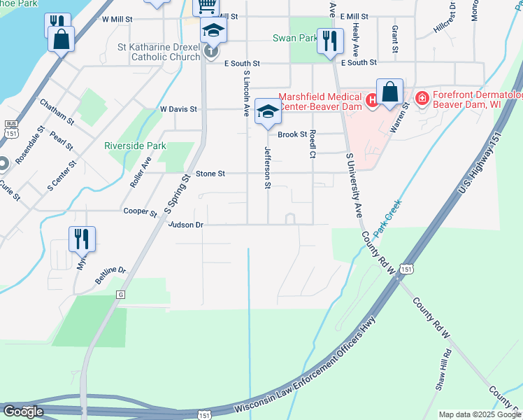 map of restaurants, bars, coffee shops, grocery stores, and more near 400 Jefferson Street in Beaver Dam