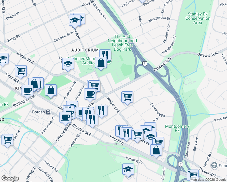 map of restaurants, bars, coffee shops, grocery stores, and more near McKenzie Avenue in Kitchener
