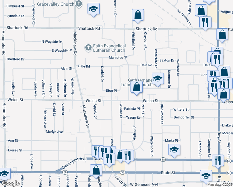 map of restaurants, bars, coffee shops, grocery stores, and more near 3715 Eton Place in Saginaw