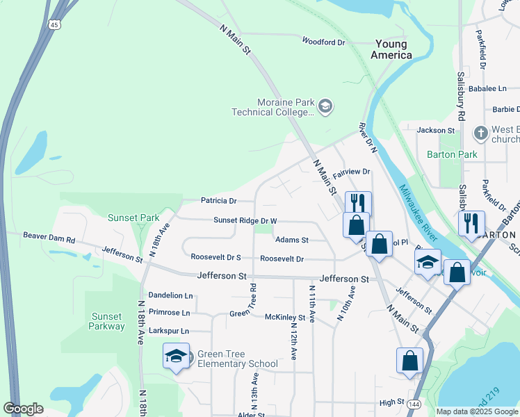 map of restaurants, bars, coffee shops, grocery stores, and more near 1917 Green Tree Road in West Bend