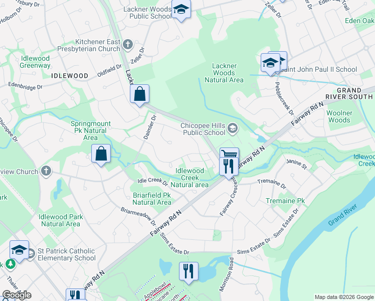 map of restaurants, bars, coffee shops, grocery stores, and more near 82 Corfield Drive in Kitchener