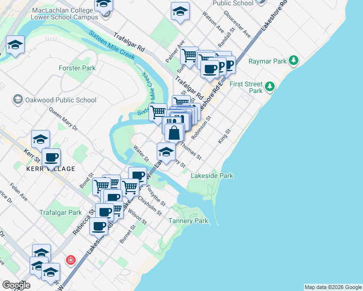 map of restaurants, bars, coffee shops, grocery stores, and more near 146 Lakeshore Road East in Oakville