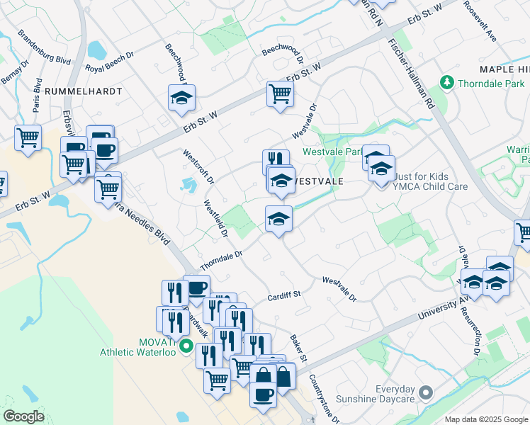 map of restaurants, bars, coffee shops, grocery stores, and more near 265 Westvale Drive in Waterloo