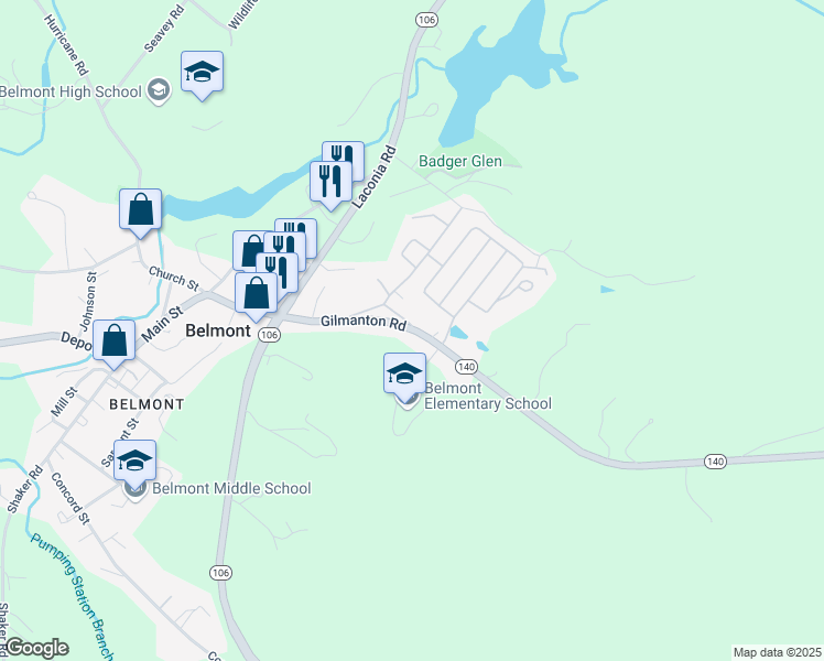 map of restaurants, bars, coffee shops, grocery stores, and more near 89 Gilmanton Road in Belmont