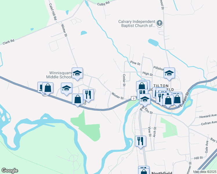 map of restaurants, bars, coffee shops, grocery stores, and more near 37 Winter Street in Tilton