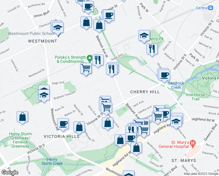 map of restaurants, bars, coffee shops, grocery stores, and more near 98 Adelaide Street in Kitchener