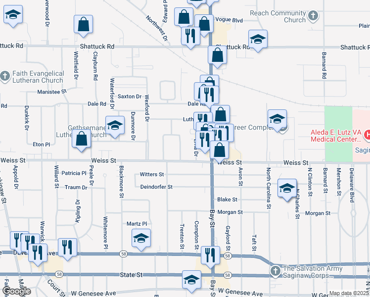 map of restaurants, bars, coffee shops, grocery stores, and more near 2732 East Dexter Drive in Saginaw