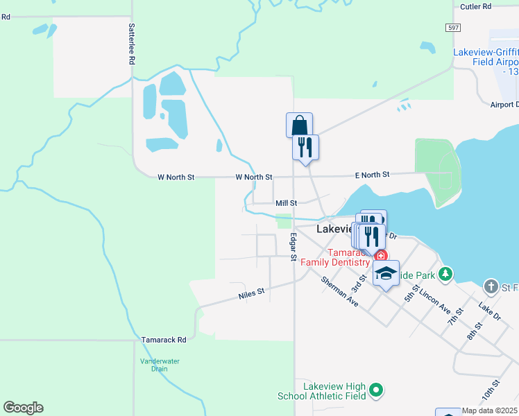 map of restaurants, bars, coffee shops, grocery stores, and more near 205 Mill Street in Lakeview