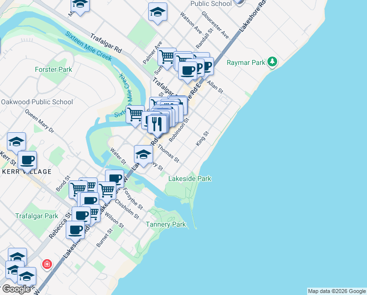 map of restaurants, bars, coffee shops, grocery stores, and more near 200 William Street in Oakville