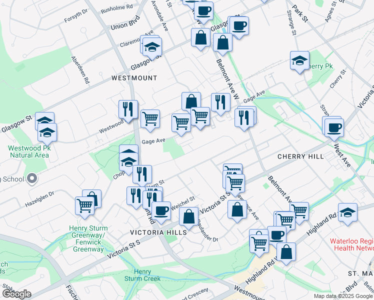 map of restaurants, bars, coffee shops, grocery stores, and more near 87 Brybeck Crescent in Kitchener